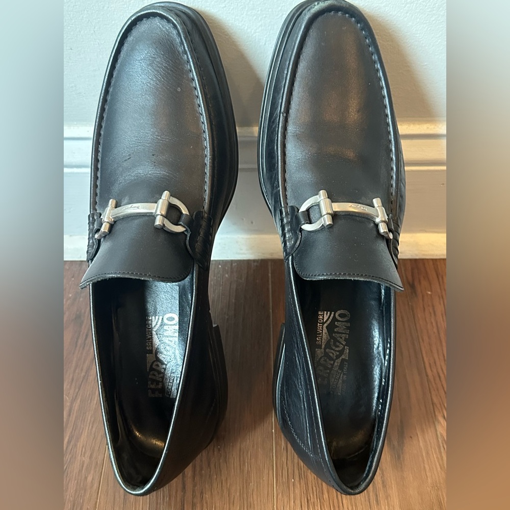 Salvatore Ferragamo Men's Black Leather Slip-Ons with Silver Accent